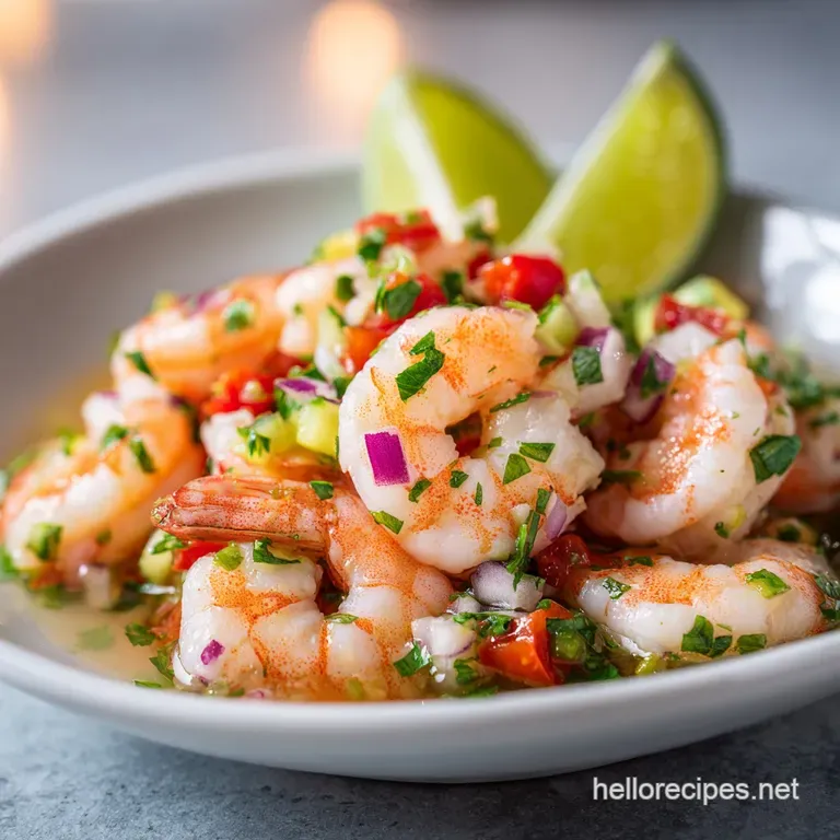 Chilled shrimp cocktail elegantly served in a martini glass, glistening with a zesty red sauce and garnished with avocado ...