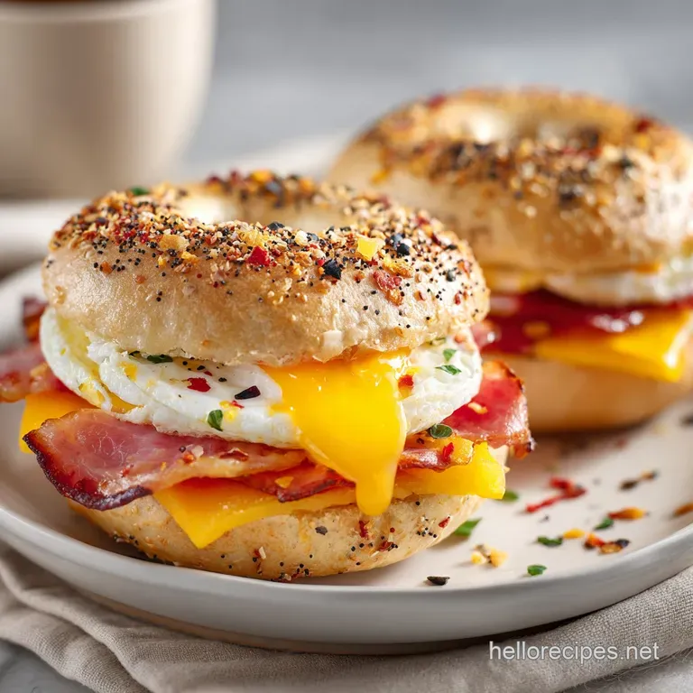 Breakfast sandwich half showcasing layers of fluffy egg, melted cheese, savory bacon, and a toasted English muffin.