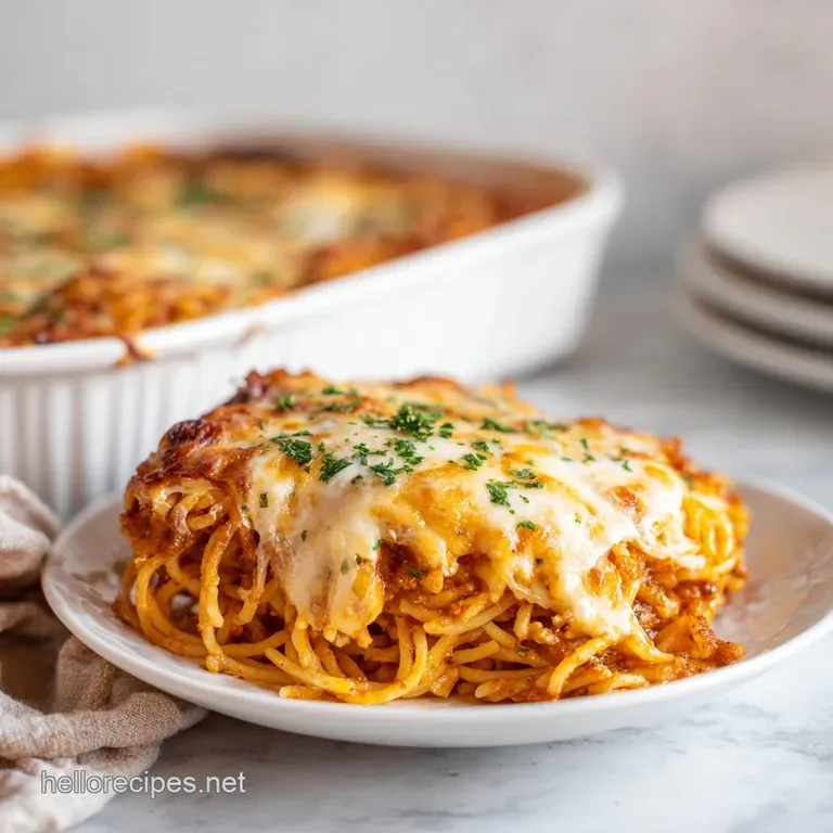 A generous portion of creamy spaghetti bake, topped with melted mozzarella and fresh parsley, elegantly plated.