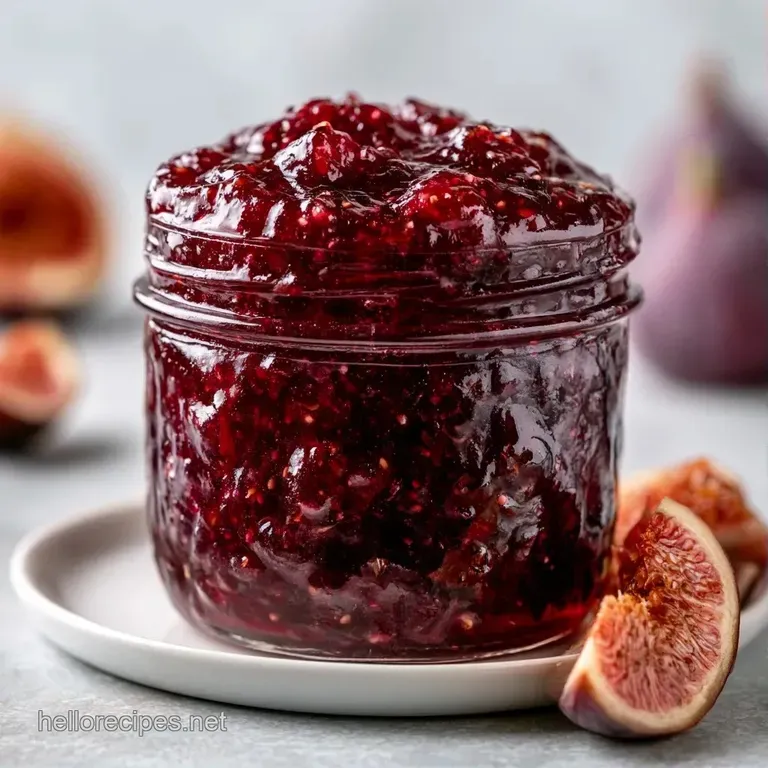 A dollop of dark purple fruit preserve on a crisp cracker, topped with a slice of creamy brie and a fresh thyme leaf.