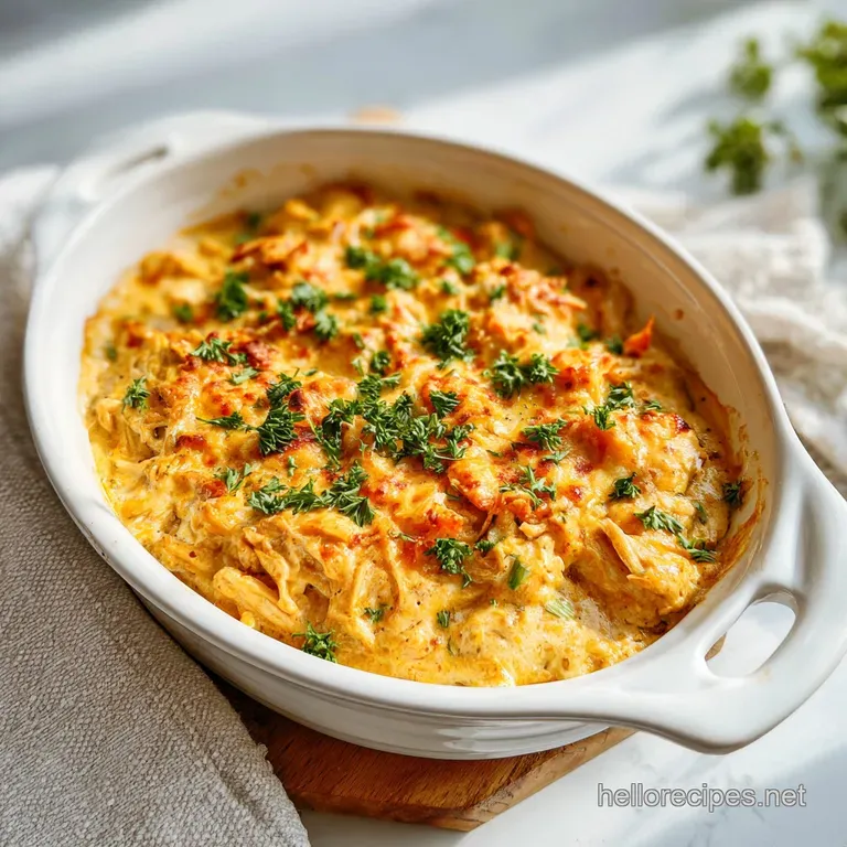 A comforting scoop of chicken casserole with melted cheese, garnished with fresh parsley.