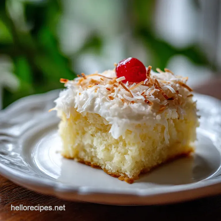 A slice of airy coconut cake adorned with whipped cream and toasted coconut flakes on a clean plate.