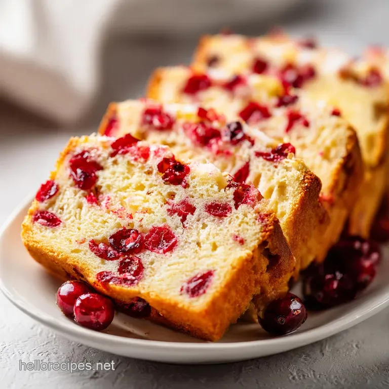 Thick slice of tender, moist cranberry bread on a white ceramic plate, accented by fresh berries and mint leaves.