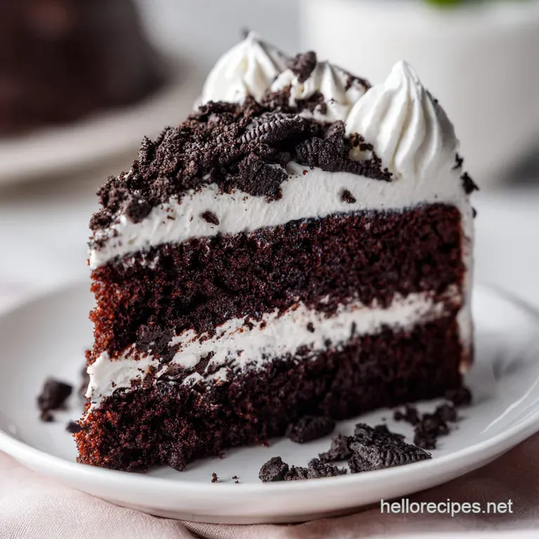 A tall slice of dark cocoa cake on a white ceramic plate, topped with a swirl of cream and a single chocolate cookie.