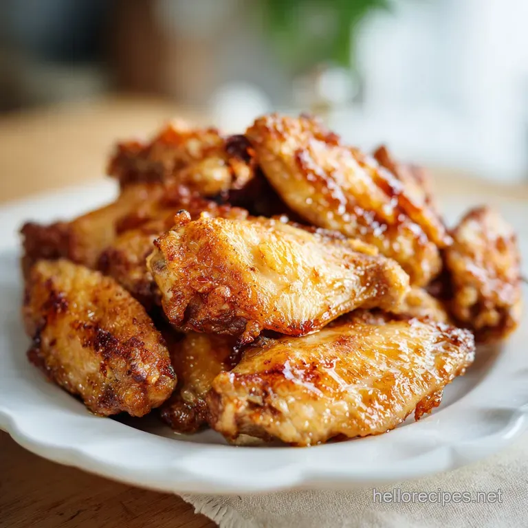 Perfectly crisped golden chicken wings on a white ceramic plate, garnished with fresh parsley and lemon wedges.