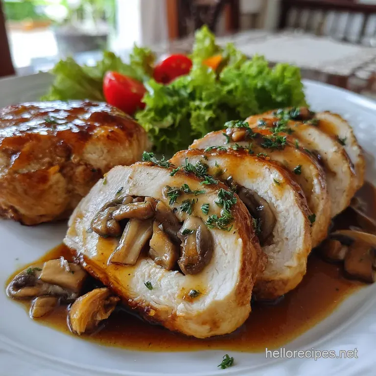 Plated stuffed chicken with savory mushroom filling, drizzled with pan sauce and garnished with fresh herbs. An elegant an...