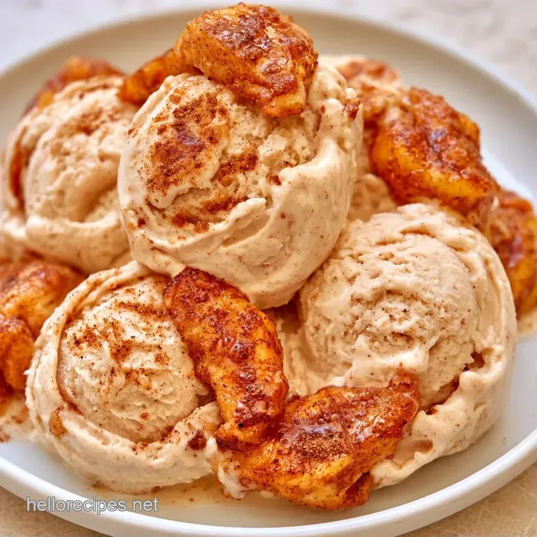 A single scoop of frosty cream dessert garnished with a cinnamon stick and thin apple slices on a white plate.