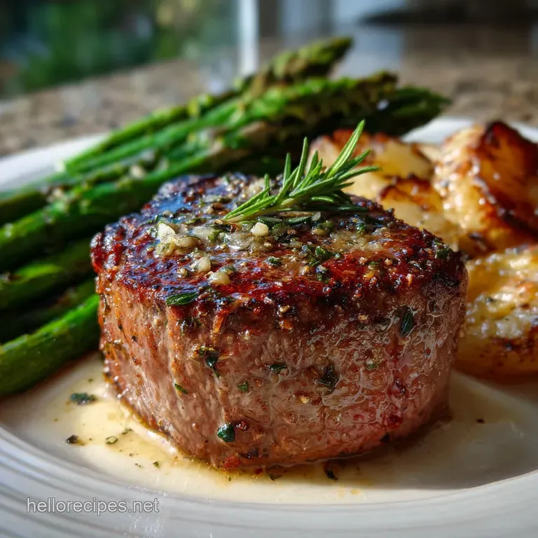 Perfectly seared steak, artfully plated with a rich pan sauce, alongside golden-brown potatoes and fresh herbs, ready to e...