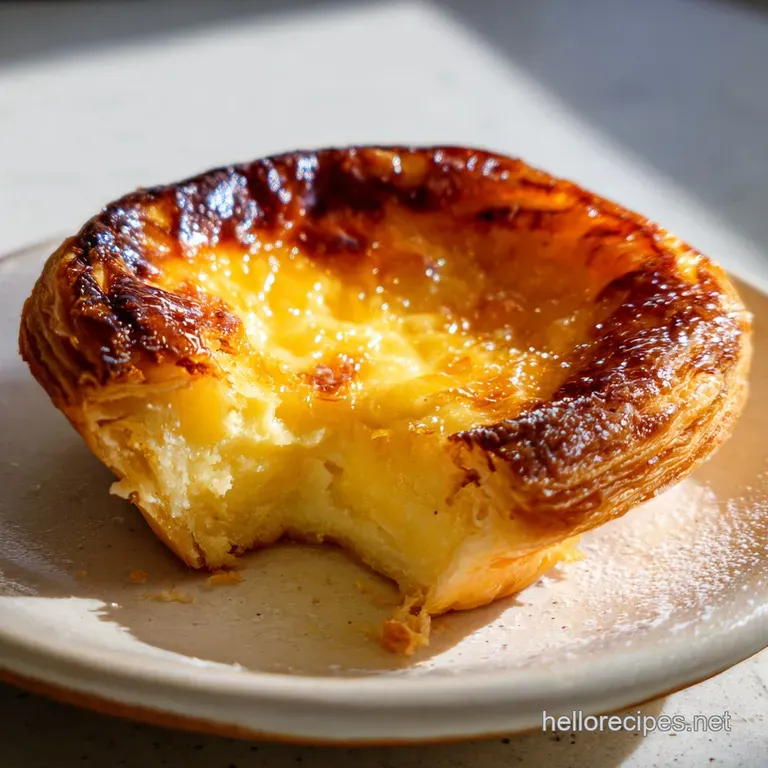 A slice of caramelized custard pie on a white plate, paired with a dollop of whipped cream and a fresh mint leaf.
