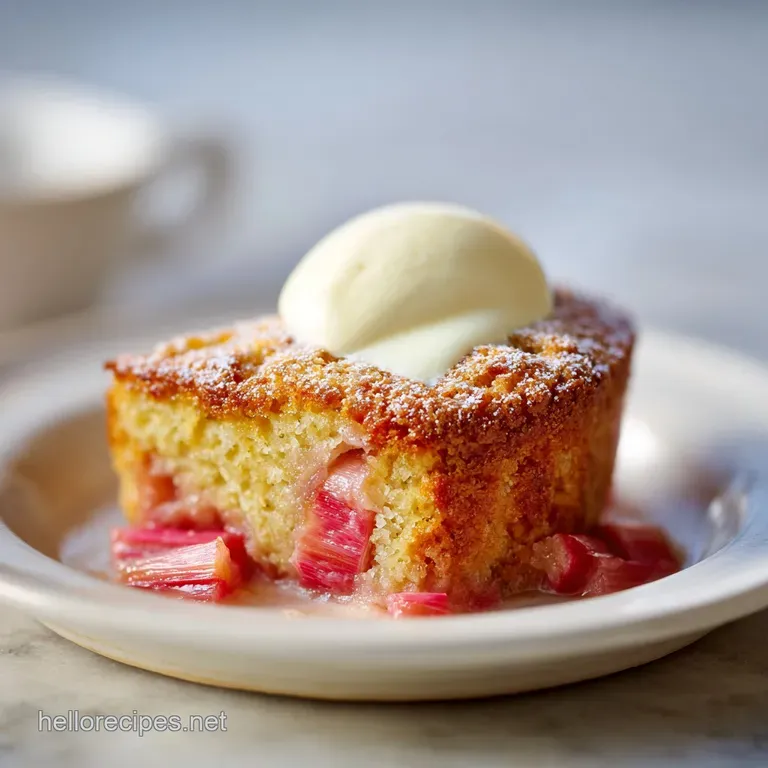 A generous slice of tender rhubarb cake on a white plate, swirled with creamy custard and a dusting of powdered sugar.