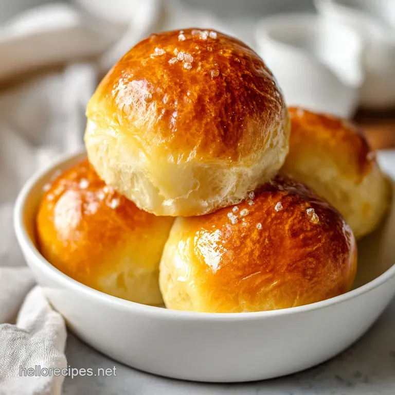 Warm dinner rolls arranged elegantly on a white plate, glistening with a light butter glaze.