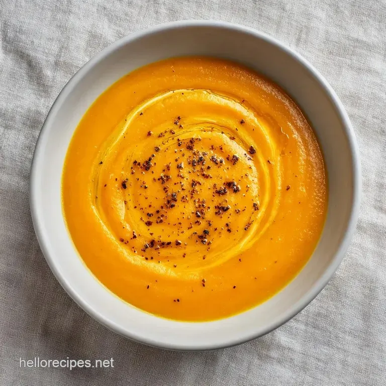 Elegant white bowl of smooth, vibrant orange soup with a swirl of coconut cream and toasted pumpkin seeds.