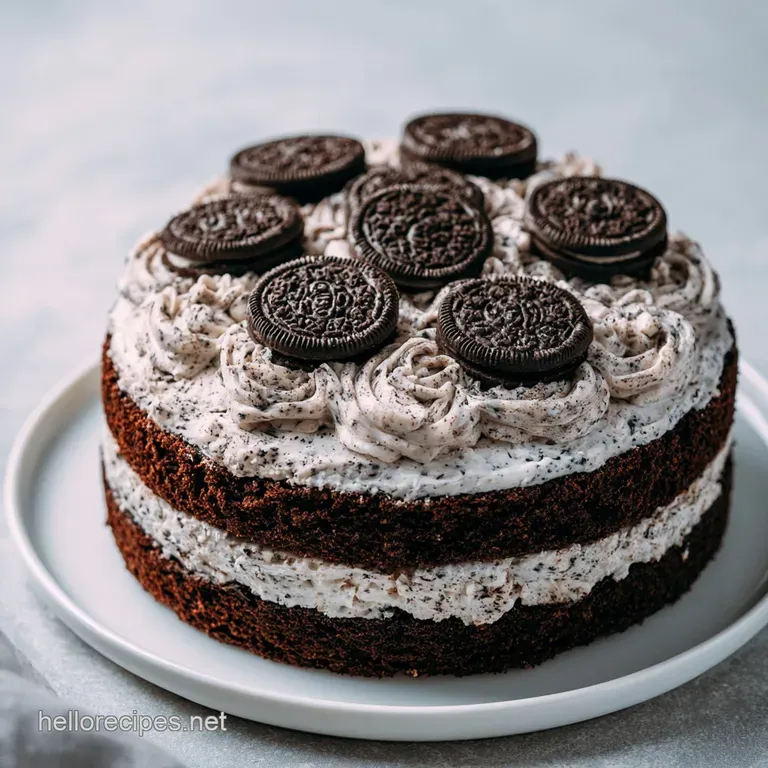 A precise slice of white layered cake on a white plate, accented by a dark chocolate cookie and swirls of cream.