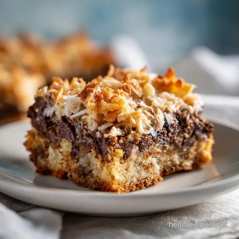 A rich, layered bar with visible chocolate chips, toasted coconut, and a sweet condensed milk glaze, artfully sliced.