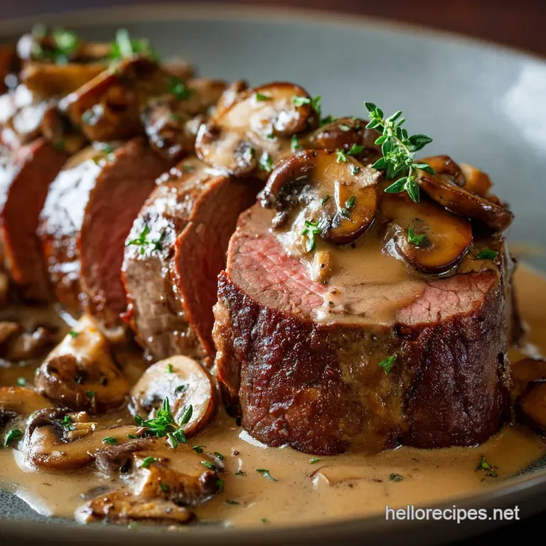 The Sunday Best Oven Roasted Beef Tenderloin with Rich Madeira and Chestnut Mushroom Sauce presentation