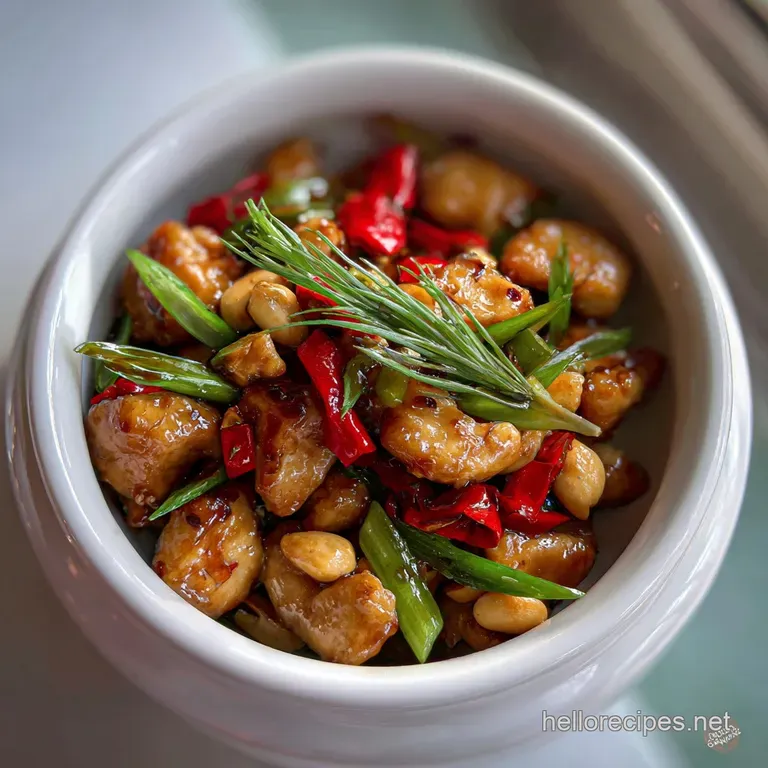 Artfully plated Kung Pao chicken, chicken pieces arranged, garnished with fresh scallions and peanuts. The sauce has a glo...
