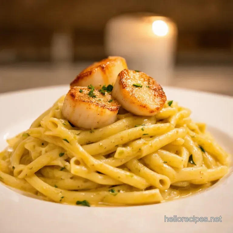 Panseared Scallops with Lemongarlic Pasta presentation
