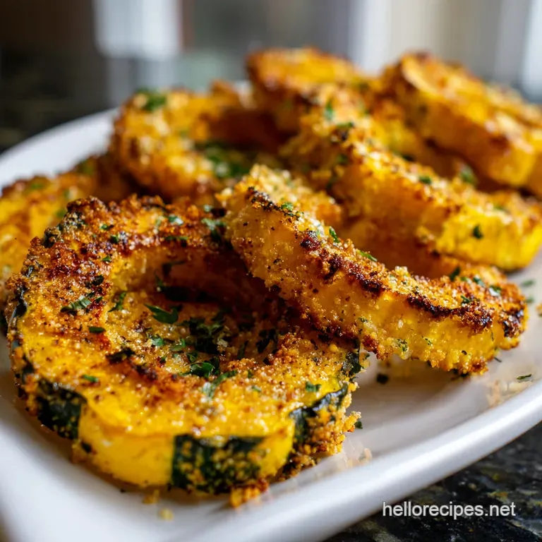 Vibrant orange roasted squash slices neatly arranged on a white ceramic plate, garnished with fresh chopped herbs.