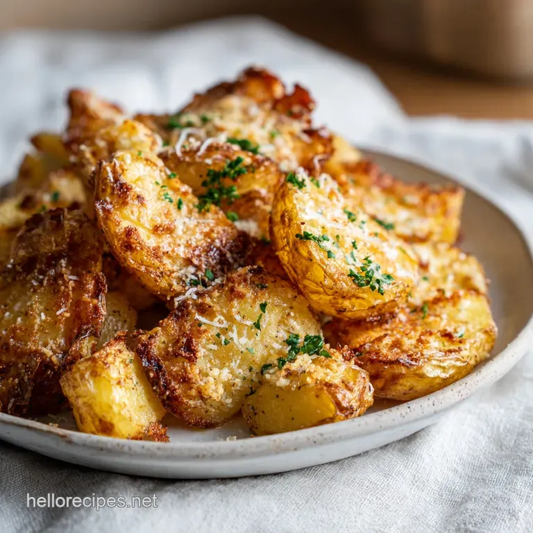 A rustic ceramic bowl overflowing with tender, perfectly browned potato pieces, lightly dusted with parmesan.