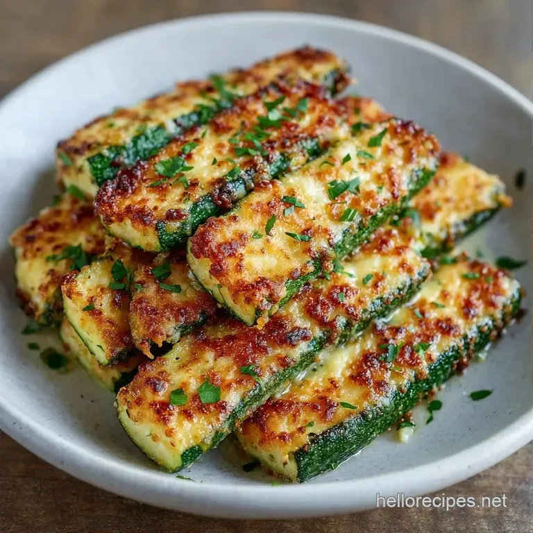 Neatly stacked green zucchini slices on a white ceramic plate, garnished with a sprig of bright, fresh parsley.