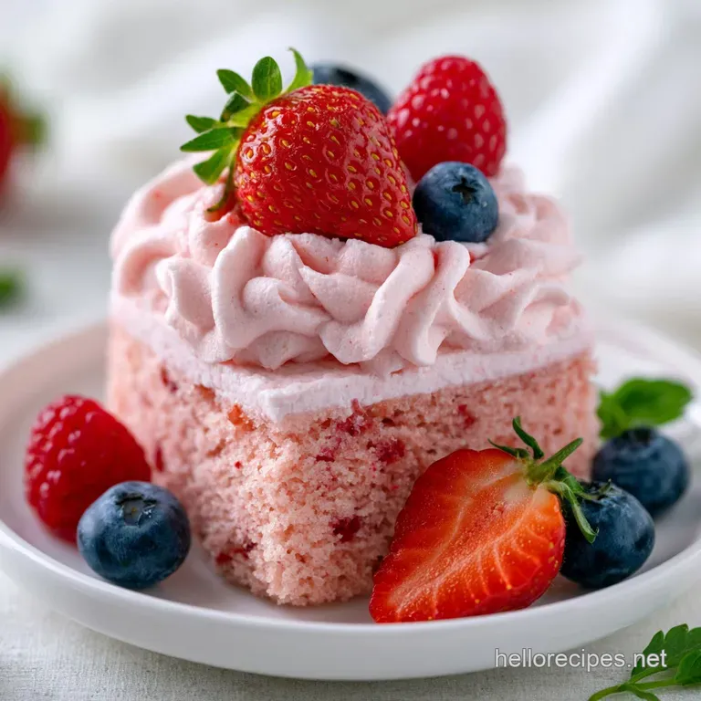 A whole pink cake topped with glossy strawberry halves and swirls of cream on an elegant gold cake stand.