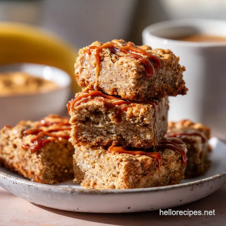 Neatly arranged peanut butter banana oatmeal bars on a rustic wooden board, garnished with fresh banana and a drizzle of h...