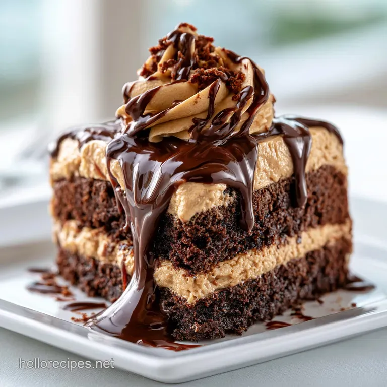 A single slice of dark chocolate cake with creamy tan filling and a swirl of frosting on a minimalist ceramic plate.
