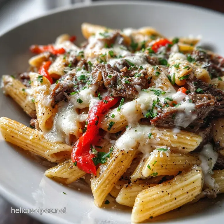 Elegant portion of creamy pasta bake, cheese pull visible, served on a white plate, garnished with fresh herbs, inviting c...