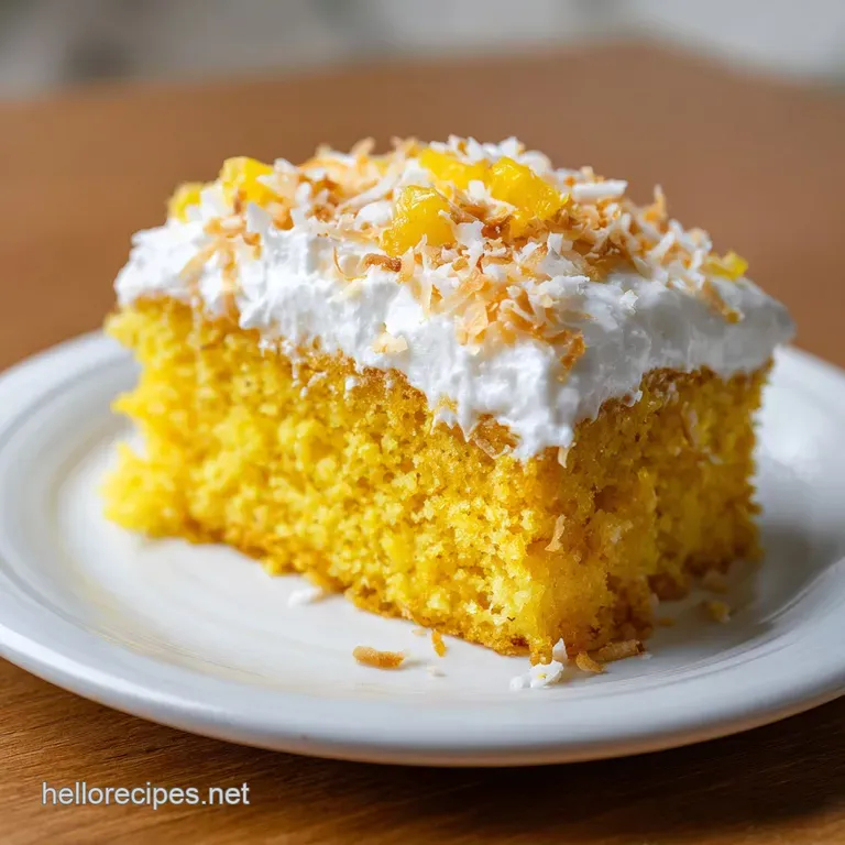 Moist cake slice on a white ceramic plate, garnished with a fresh pineapple wedge and a drizzle of coconut cream.