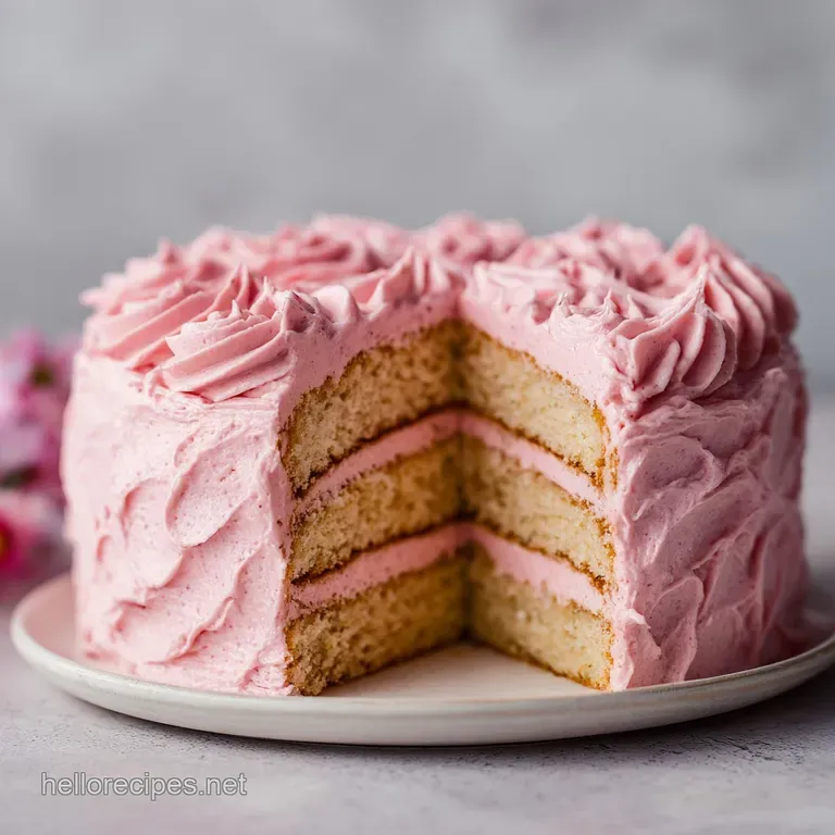 A delicate slice of pale pink layered cake on a white plate, garnished with a fresh raspberry and mint leaf.