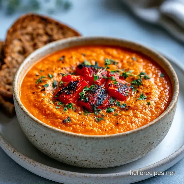 A white ceramic bowl of chunky vegetable stew topped with a swirl of cream and a sprig of fresh green parsley.