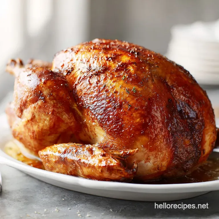 Plated roasted turkey slice with glistening gravy, vibrant green beans, and fluffy stuffing, suggesting a comforting Thank...