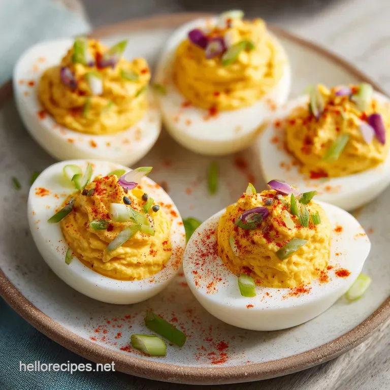 Elegant deviled egg halves filled with smooth mousse, arranged artfully on a patterned plate with a vibrant green garnish.