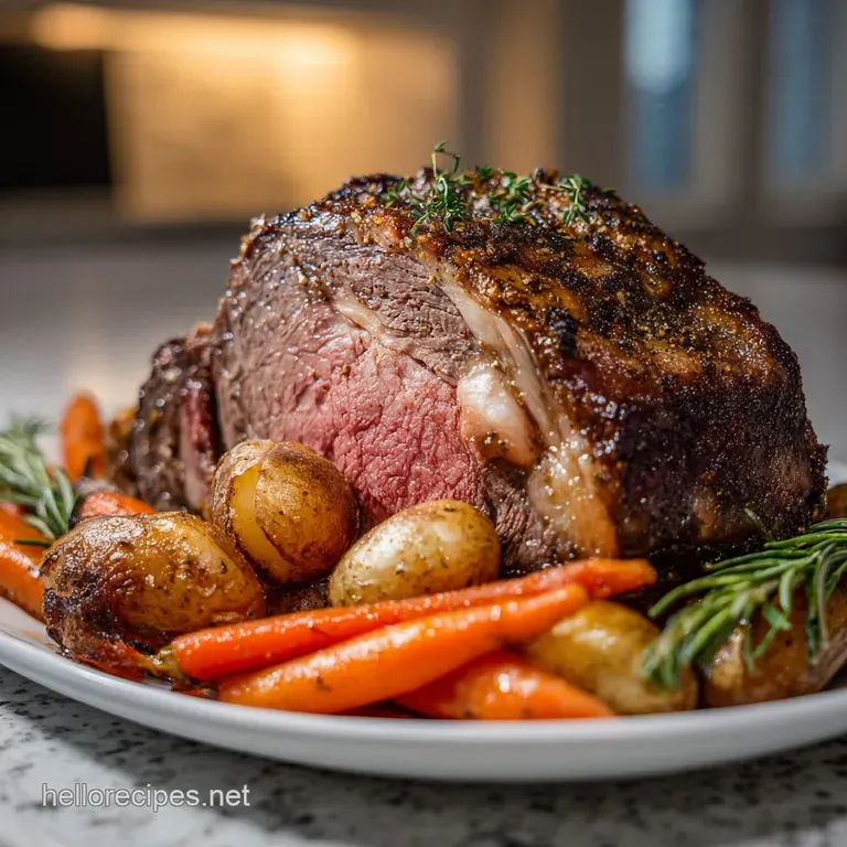 Slices of rosy prime rib arranged on a plate, showing the rich marbling, alongside creamy horseradish and vibrant green pa...