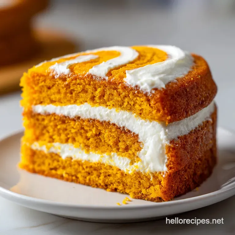 Elegant slices of orange cake spiral with white filling and toasted pecans arranged on a plate with fall foliage