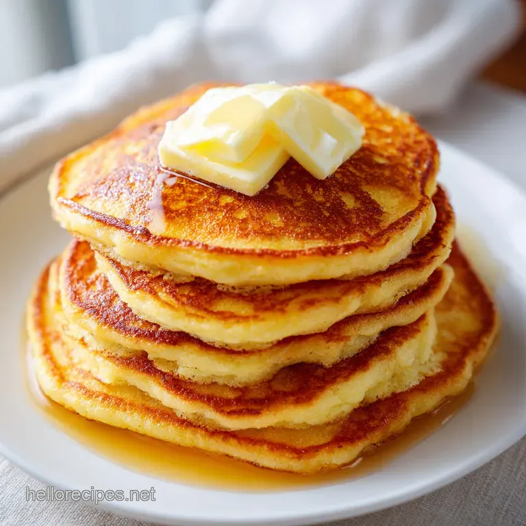 Golden-brown pancake stack on a white ceramic plate, garnished with bright red berries and a dusting of sugar.
