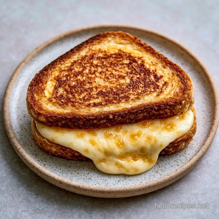 Two buttery toasted triangles with gooey melted cheese on a white ceramic plate beside a steaming bowl of soup.