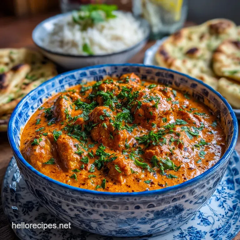 Elegant plating of butter chicken with fluffy rice, naan bread, and a swirl of cream, inviting and warm.