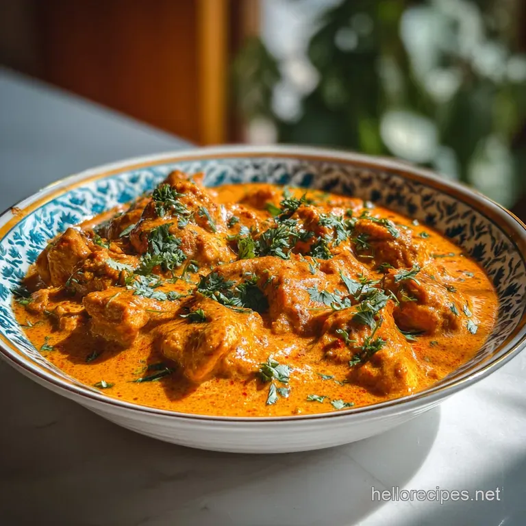 Elegant plate of tender butter chicken, rich and glossy, served with fluffy basmati rice and a sprinkle of fresh herbs.