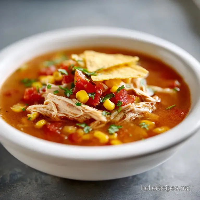 Elegant bowl of chicken taco soup topped with avocado, lime wedge, and herbs, showcasing layers of colorful textures.