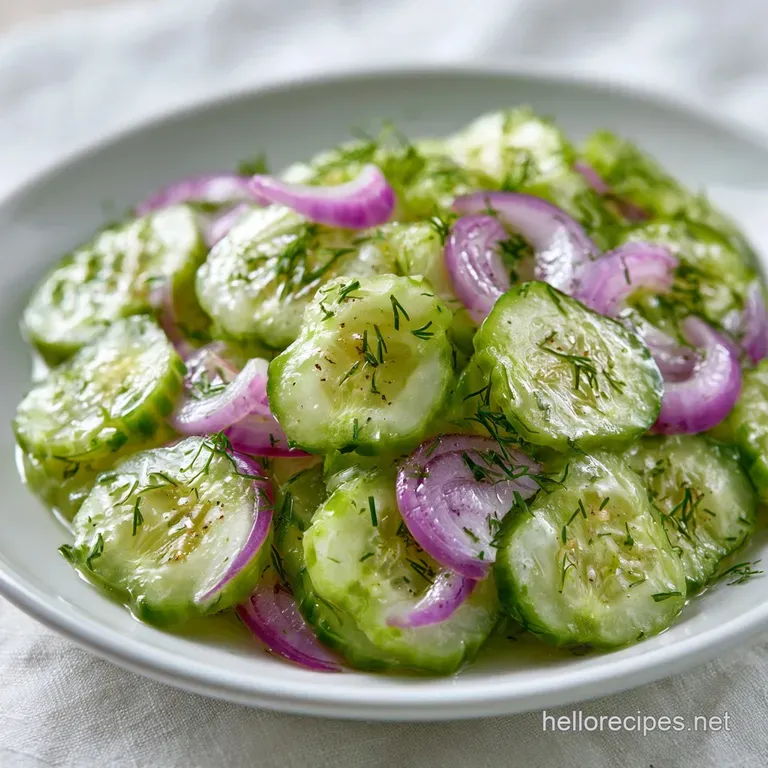 Neatly layered translucent cucumber discs and red onion curls topped with cracked pepper in a white porcelain bowl.