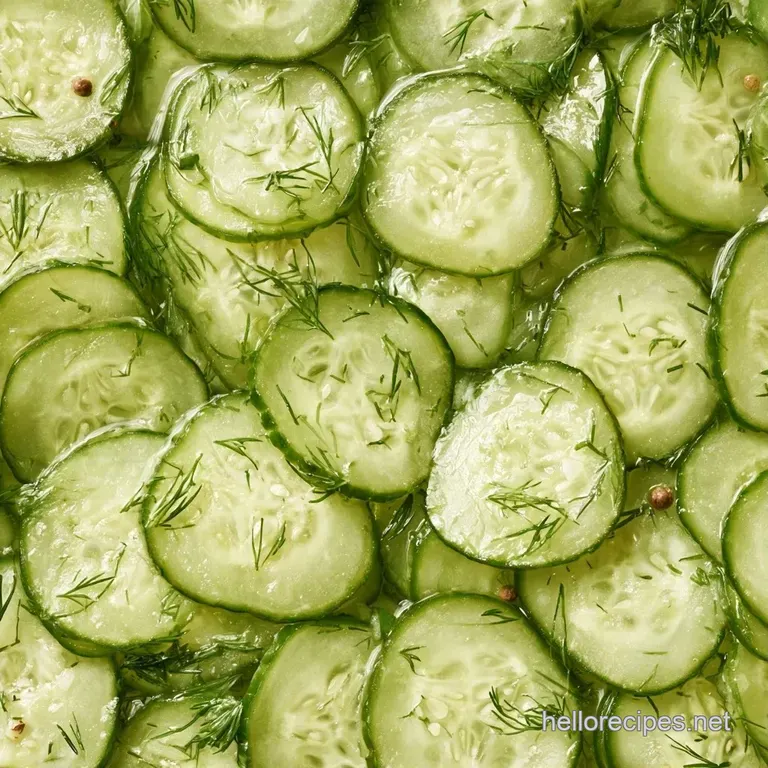 Crisp, translucent cucumber rounds stacked neatly on a white ceramic plate with a sprinkle of fresh dill.
