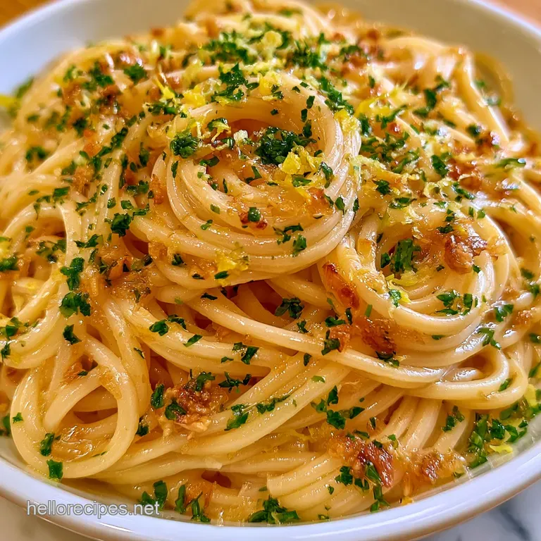 A neat swirl of golden pasta in a white ceramic bowl, topped with shaved parmesan and a sprig of fresh flat-leaf parsley.
