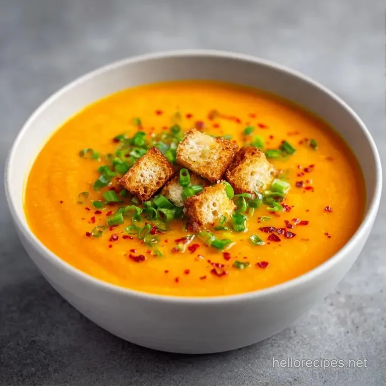 Golden vegetable puree in a white porcelain bowl topped with a sprig of fresh parsley and crunchy golden croutons.
