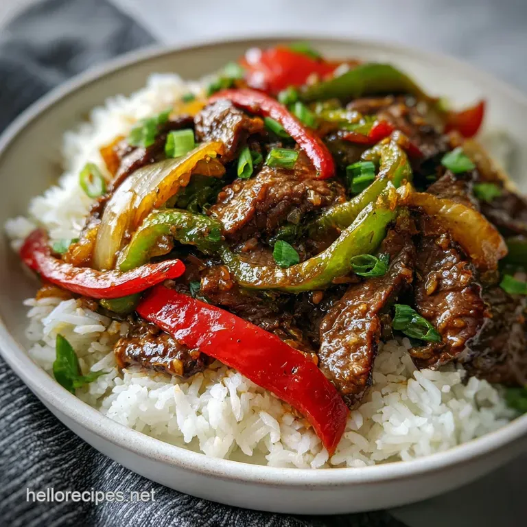 Glossy pepper steak with colorful bell peppers, artistically arranged on rice, garnished with fresh scallions and sesame s...