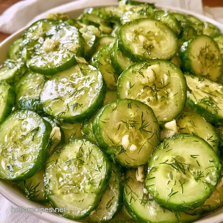 Sliced translucent green cucumber rounds arranged on a white plate with a sprig of fresh dill and sea salt.