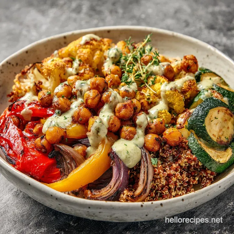 Artfully arranged power bowl: golden roasted vegetables, fluffy quinoa, and creamy dressing create a visually appealing, h...