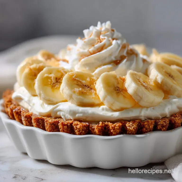 Slice of vegan banana cream pie showcasing layers of light banana filling and a rich, crumbly crust, garnished with banana...