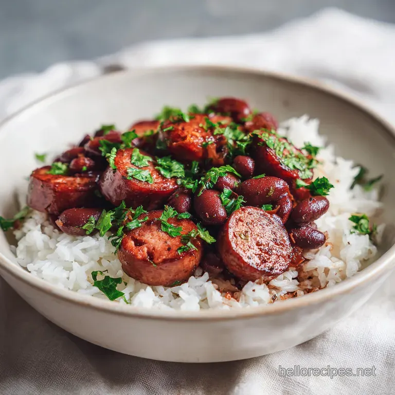Creamy crimson beans and white rice served in a shallow bowl with seared sausage rounds and a sprinkle of parsley.
