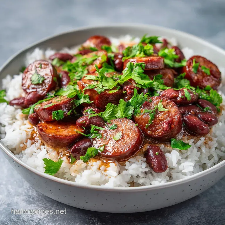 A clean white plate featuring a neat scoop of fluffy rice topped with creamy beans and browned, sliced smoked sausage